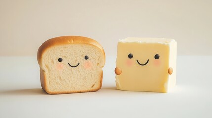 A slice of bread and a stick of butter with smiley faces.