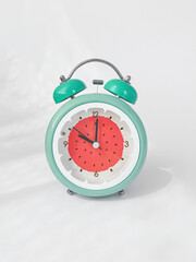 vertical photo of bright green-red round alarm clock watermelon with on white background, copyspace