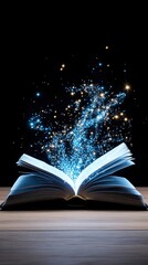 Magical book of knowledge with glowing pages, emitting magical sparkles and stars, floating in the air against a black background.