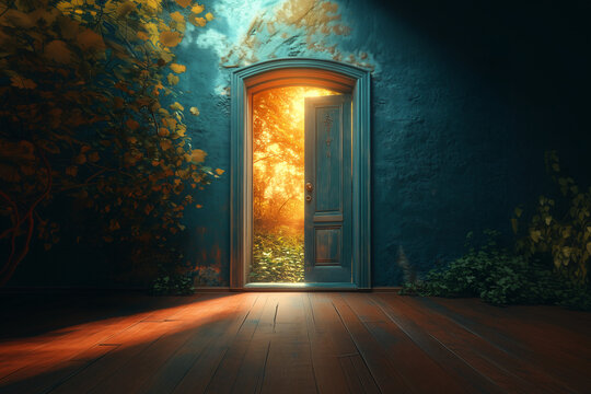 A captivating open door leads to bright new world, symbolizing hope and opportunity. warm light from outside contrasts beautifully with cool tones of room, creating an inviting atmosphere