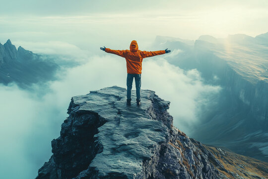 A person standing at edge of cliff with arms outstretched, embracing breathtaking view of mountains and clouds. scene evokes sense of freedom and adventure