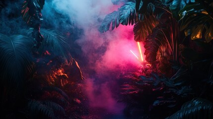 Obraz premium Neon Lights Illuminating Tropical Foliage in a Misty Jungle Setting