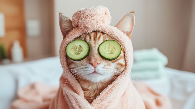  Portrait of a cute cat in a spa, with cucumber slices on its eyes and a towel wrapped around its head