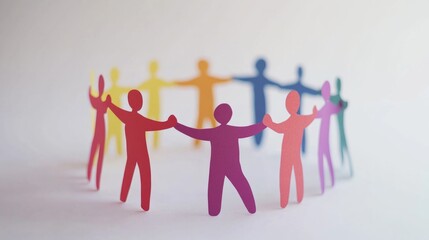 Paper humans holding hands in a circle, white background, cutout style generative ai
