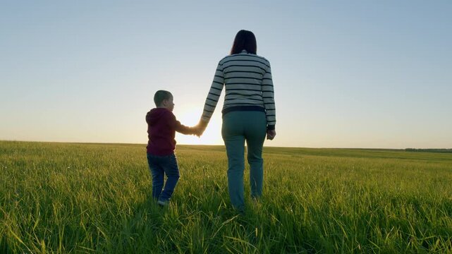 Young Mother Go With Son On Field In Evening. Happy Family Together. Family Mothers Day Funny On Nature. Mom And Son Of Five Years Old Walk In Field Or Park At Sunset. Gimbal Stabilize.