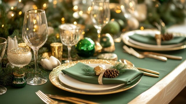 Chic green themed table arrangement for a festive christmas and new year celebration dinner