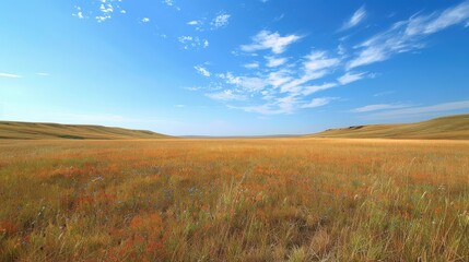 open prairie with golden grasses, scattered wildflowers, and a brilliant blue sky