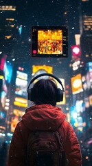 Obraz premium Stylish Girl with Headphones Navigating Futuristic Urban Cityscape at Night