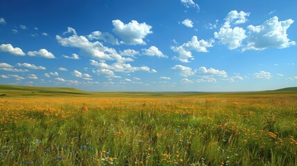 open prairie with golden grasses, scattered wildflowers, and a brilliant blue sky