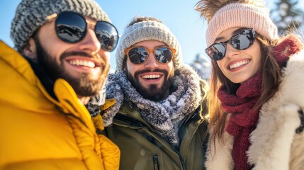 Friends gather together in winter attire, laughing and enjoying the sunshine on a chilly day, radiating warmth and happiness