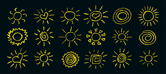 Set of fun like kid drawing yellow sun. Collection painted with pastel crayons or wax pencil sunny icons. Summer sky symbols. Design elements. Rough chalk texture vector illustration in children style