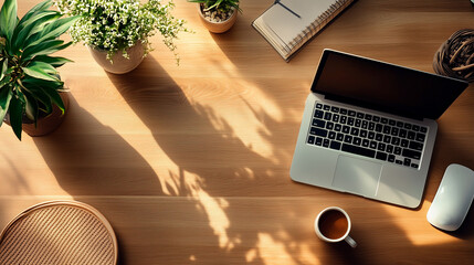 Aerial view of modern office desk with laptop, coffee and decorative plants.