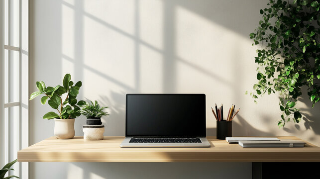 Stylish desk in modern office with laptop and natural decorative elements..