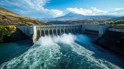 Hydroelectric power plant showing a large dam, water rushing through the turbines, and the surrounding natural landscape with mountains and rivers