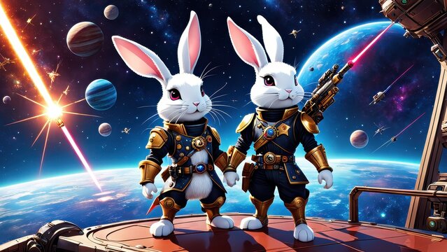 Two anthropomorphic rabbits in space suits stand against a cosmic backdrop.