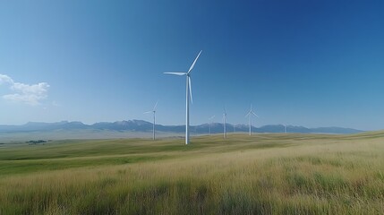 Obraz premium Wind power plant with tall wind turbines spinning in a grassy field, under a clear blue sky, with distant mountains in the background