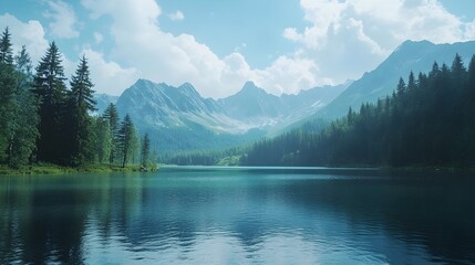 Obraz premium Lush lake surrounded by breathtaking mountain backdrop image