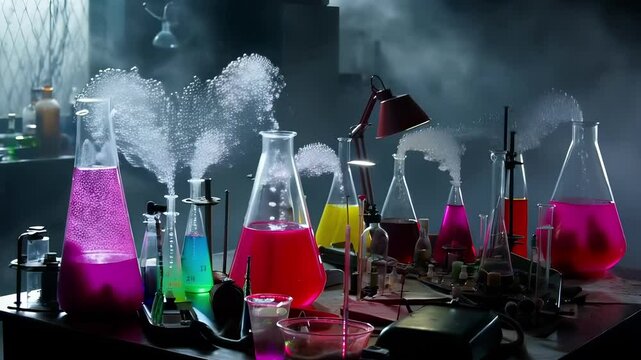 Colorful bubbling potions in beaker flasks on laboratory table, magical Halloween science experiment