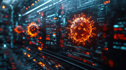 Digital representation of viruses interacting with technology in a futuristic environment showing intricate details of a computer circuit