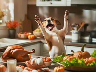 Jack Russell terrier dog excited about thanksgiving dinner with roasted turkey. Funny Thanksgiving day concept for ad, banner, billboard