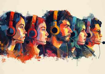Colorful Hotline Operators with Headsets Providing 24-Hour Technical Support, Vector Illustration Depicts Call Center Customer Service Team at Work, Modern Minimalistic Art Style