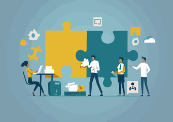 Fototapeta premium Business Team Collaboration and Solution Concept with Manager Holding Missing Puzzle Piece in Office Setting