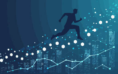 Businessman Running Upwards on Financial Growth Graph at Night, Concept of Success and Progress in Business, Minimalistic Vector Illustration
