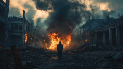 Obraz premium A lone figure walks through a war-torn city, surrounded by burning buildings and smoke at dusk