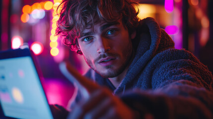A focused man with striking blue eyes gestures while illuminated by warm ambient light in a cozy bar setting at night