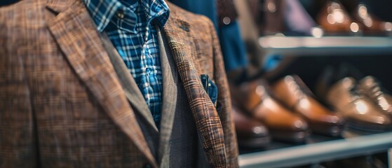 Naklejka premium Detailed view of business casual attire including a fitted jacket and dress shoes, 