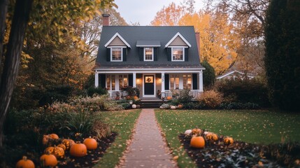 A cozy house , surrounded by pumpkins and gourds in the front yard, fall aesthetic banner. Autumn sesonal and halloween concept