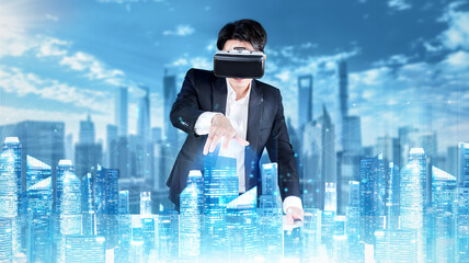 Man with VR glass inspecting city simulated and standing at modern city with blurring background. Manager using augmented reality technology while looking at screen display business city. Ingenuity.
