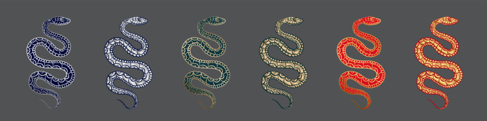 Set of hand drawn golden and silver linear coiled snake isolated on dark background. Green, red and blue sketch of reptiles as a decorative element for t-shirt design, tattoo idea, poster 
