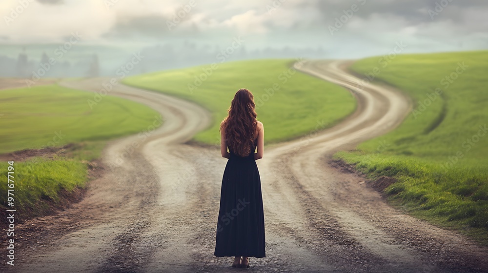 Wall mural A woman stands at the crossroads, looking back with long hair and wearing a black dress