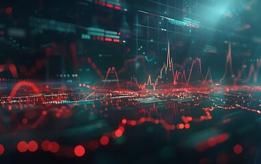Digital representation of stock market volatility with animated line graphs and fluctuating numbers over a dark background.