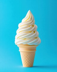 A delicious soft serve ice cream in a cone, set against a vibrant blue background, perfect for summer treats and desserts.