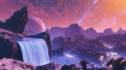Naklejka premium A distant exoplanet with cascading waterfalls and alien wildlife under a starry sky