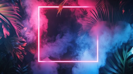 Pink Neon Light Frame with Tropical Leaves and Smoke