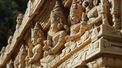 Obraz premium Close-up of Intricately Carved Stone Statues on a Temple Wall