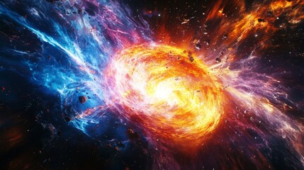 Obraz premium Neutron star collision creates a vibrant kilonova explosion with dynamic shockwaves and jets