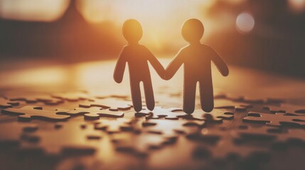 Paper humans holding hands, with puzzle pieces scattered around them, problem-solving concept generative ai