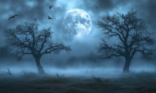 A foggy field with dead trees, birds flying in the sky, a large full moon shining through clouds, creating an eerie atmosphere Generative AI