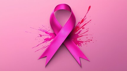 A vibrant pink ribbon against a splash of pink, symbolizing awareness and support for breast cancer. Perfect for campaigns and promotions