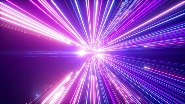 looping 3d animation, abstract ultraviolet background of pink blue neon lines sliding from left to right and back. Flashing lights and gliding particles leaving glowing trails. Power jet