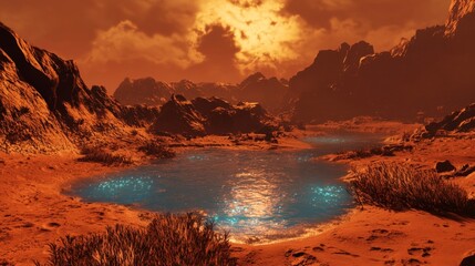 An alien oasis on Mars with bioluminescent plants and shimmering water pools at sunset