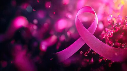 A vibrant pink ribbon symbolizing hope, awareness, and support, set against a colorful, blurred background