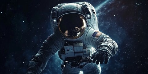 Fototapeta premium Astronaut floating in deep space with Earth visible in the background and stars in the visor