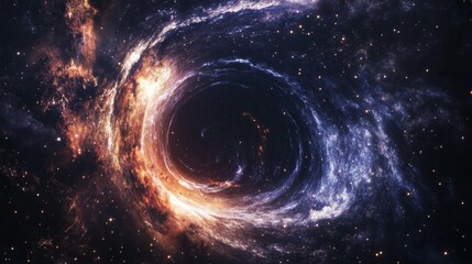 A galaxy spiraling into a black hole with swirling stars and cosmic debris in dark space