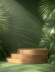A wooden podium with three tiers stands against a green background with palm leaves and sunlight streaming in from the left.