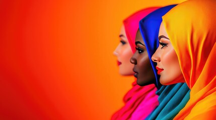 Vibrant profile view of three women in colorful headscarves against a warm backdrop. A celebration of culture and diversity. Breast Cancer, Breast Cancer Awareness